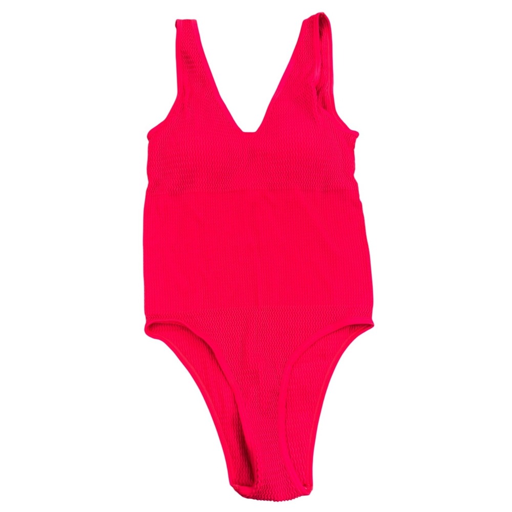 OQQ Womens Hot Pink Ribbed V-Neck Sleeveless Bodysuit Size L